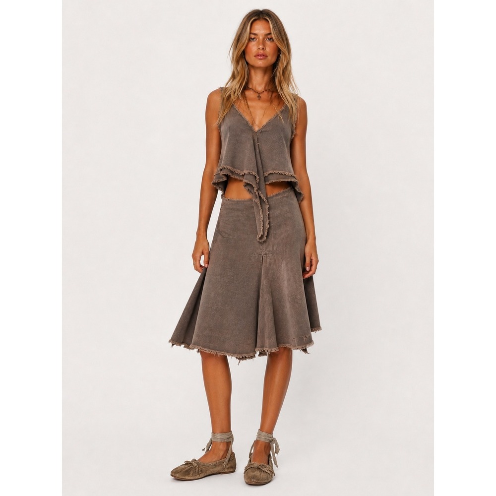 Gary Graham Brown Frayed Hem Pleated Art to wear Lagenlook Midi Skirt 8 M
